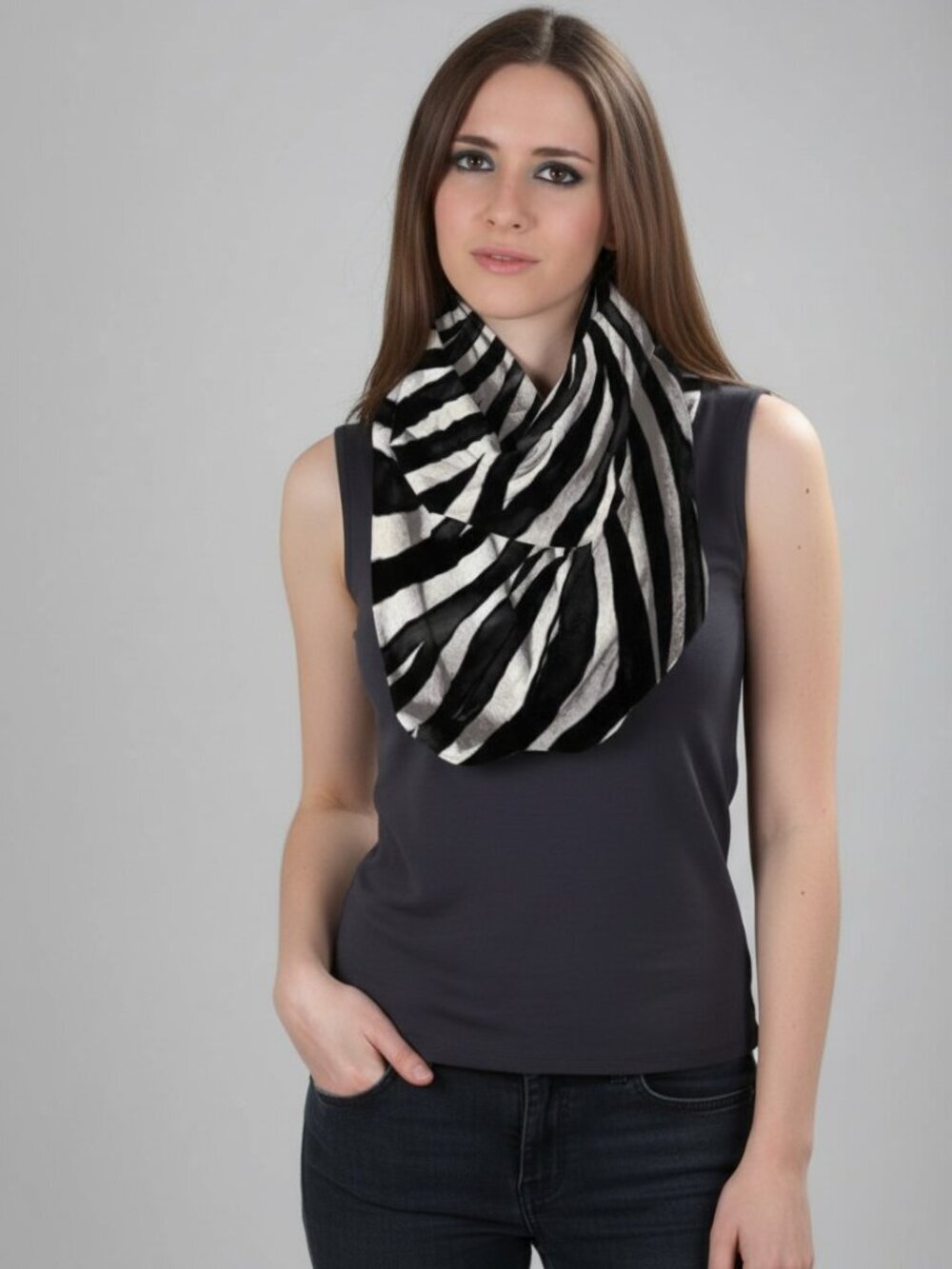 Zebra Luxe | Glossy Black-and-White Animal Print Pattern Nora Infinity Scarf – P